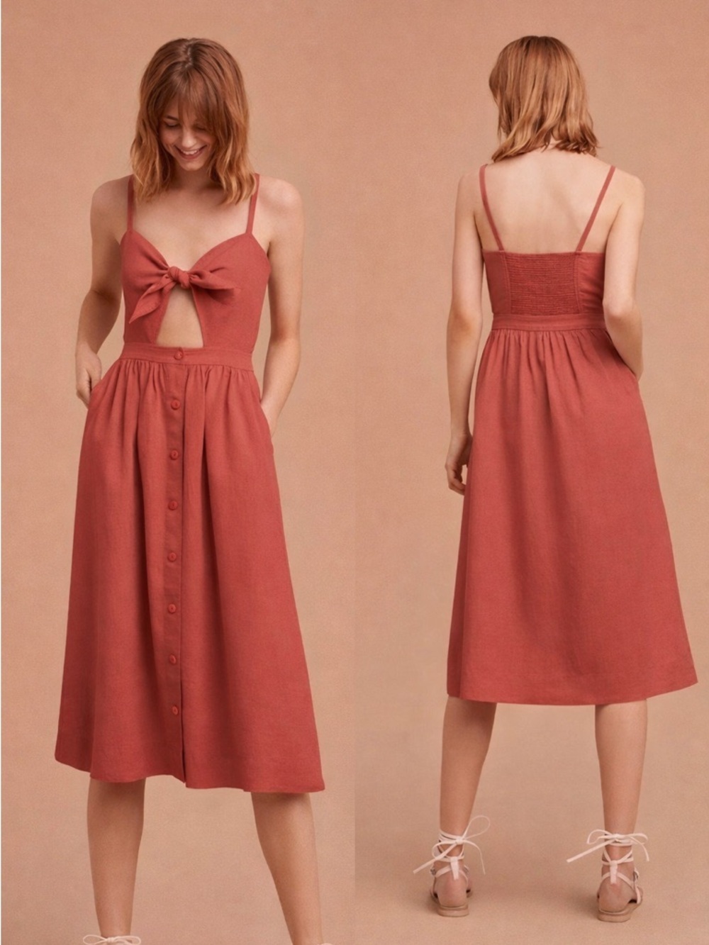 Wilfred | 6 | Aritzia Front Tie Cutout Midi dress In Rust Red/brown - Picture 2 of 3